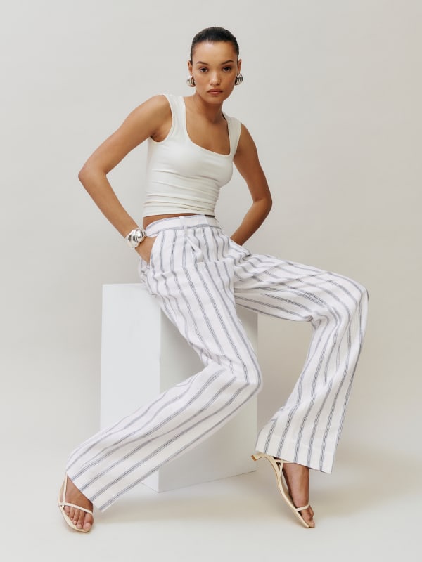 Petites Alex Mid Rise Linen Pant - Harbor Stripe